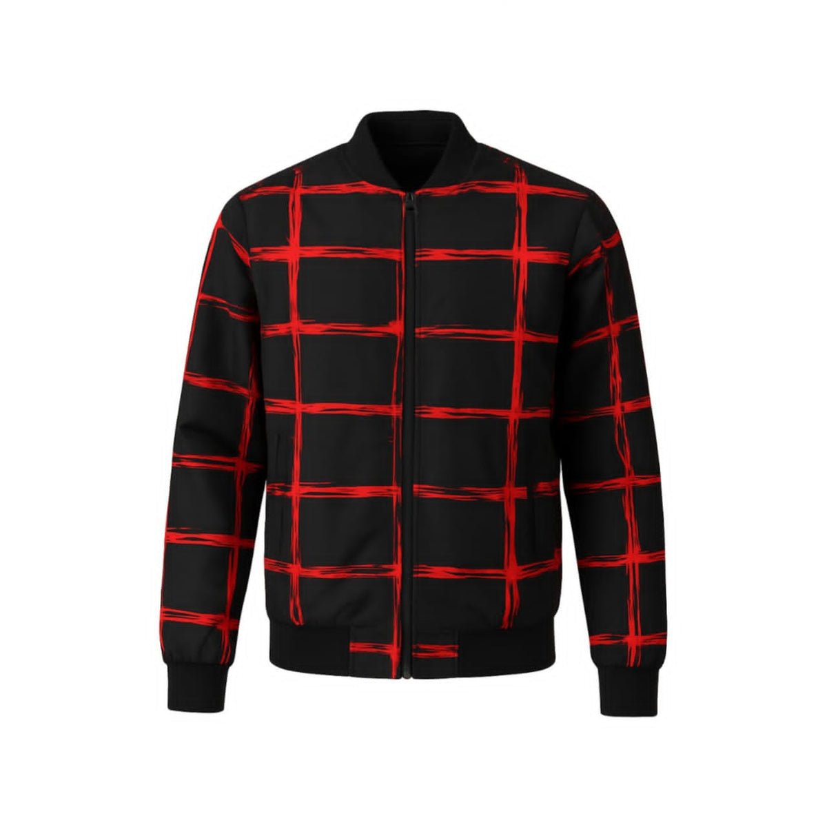 Lavish Attire Men’s Red Grid Pattern Zip-Up Jacket – Black